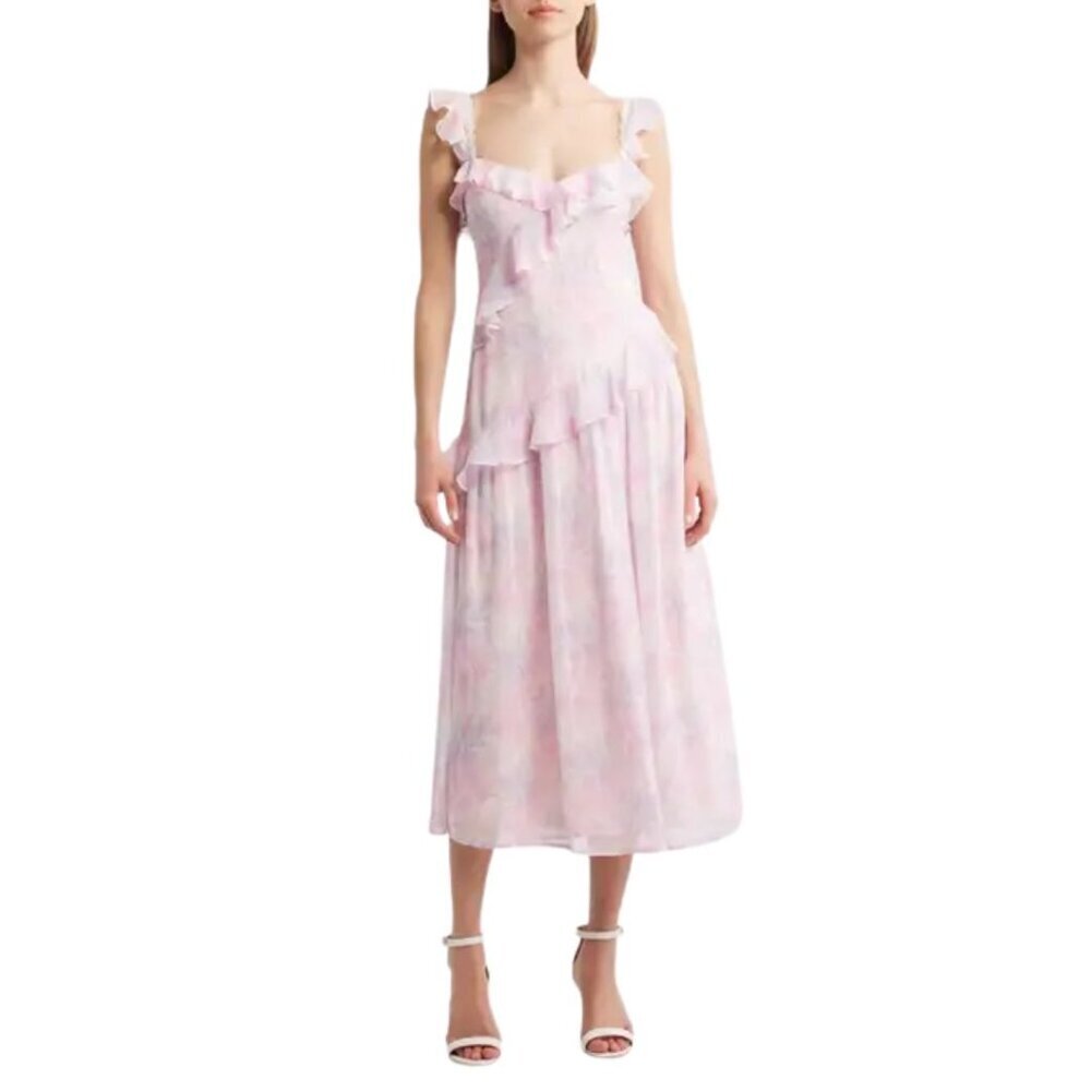 NWT LULUS Parker Floral Ruffle Detail Chiffon Pink Floral Dress Large